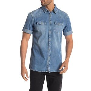 AllSaints Ilford Short Sleeve Regular Fit Denim Shirt in Indigo Blue Size M